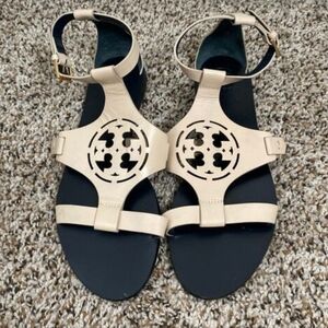 Tory Burch Beige Leather Logo Cutout Ankle Strap Sandals